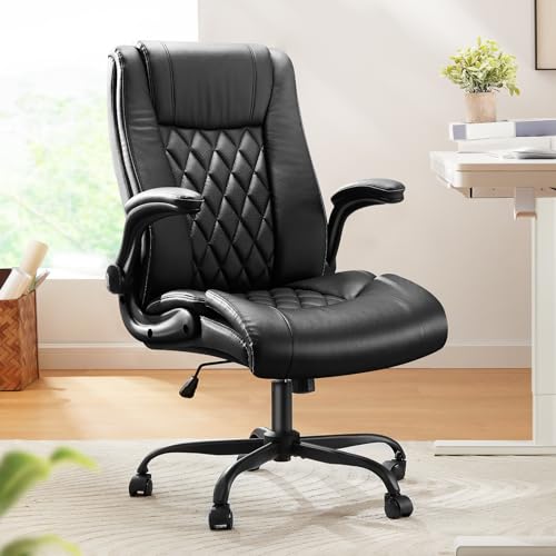 Marsail Executive Office Chair with Flip-up Armrests,PU Leather Ergonomic Desk Chair Height-Adjustable Swivel Rolling Computer Desk Chair,Black
