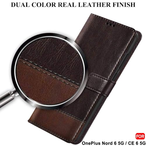 Image of TheGiftKart Flip Back Cover Case for OnePlus Nord 6 5G | Dual-Color Leather Finish | Inbuilt Stand & Pockets | Wallet Style Flip Back Case Cover for OnePlus Nord 6 5G (Faux Leather, Coffee & Brown)