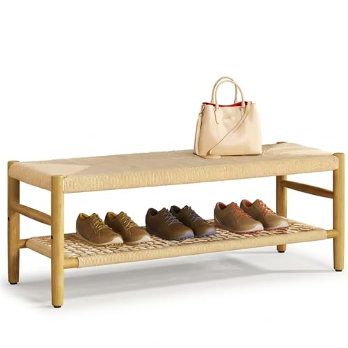 DKLGG Entryway Storage Bench with Mesh Shelf, Indoor Storage Bench Entrance Bench with Paper Cord & Rubber Wood Legs, Narrow Bench Boho Bench Dining Room Bench for Entryway, Living Room, Bedroom