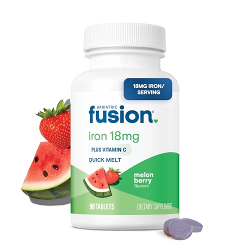 Bariatric Fusion Iron Supplement for Women Quick Melt | Sugar Free Dissolvable Chewable Iron Tablets | Ferrous Fumarate 18 mg Iron with Vitamin C | Melon Berry | Gluten Dairy and Soy Free | 90 Count