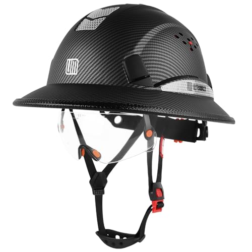 UM ULTRAMAXX Full Brim Hard Hat with Build-in Visor ANSI Z89.1 OSHA Approved Construction Safety Helmet with Chin Strap for Men Women (Matte Black Helmet+Clear Visor)