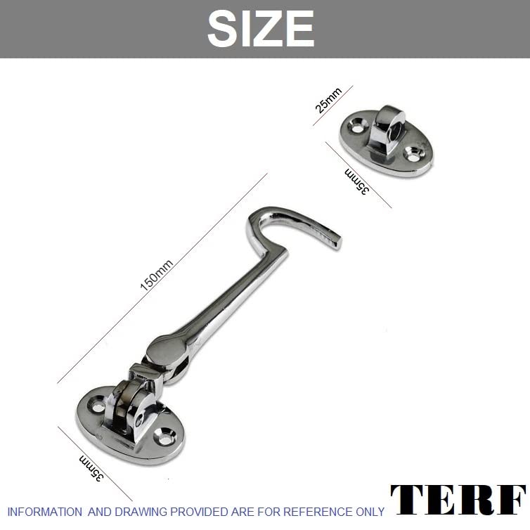 TERF® 150mm Heavy Duty Polished Chrome Cabin Door Hook and Eye Lock 150mm (6 inch) Cabinet Latch including Fixing Screw For Door Gate Window Closet Shed Latch - Image 3