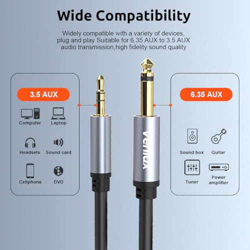 Image of Verilux 6.35mm to 3.5mm Stereo Audio Cable, 10Ft 1 /4 inch Male to 3.5Mm 1 /8 inch Male TRS Bidirectional Stereo Jack Cable, Audio Cable for Guitar, iPod, Laptop, Home Theater Devices, Speaker and Amplifiers
