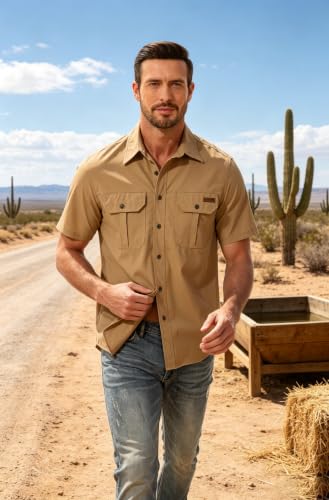 Zyvrenix Men's Outdoor Short Sleeve Button Down Shirts with Pocket Khaki L - image 2