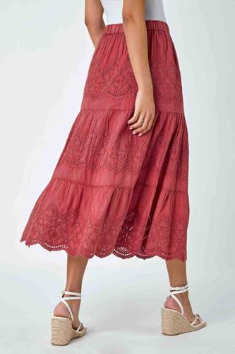 Roman Originals Broderie Tiered Stretch Midi Skirt for Women UK - Ladies Everyday Holiday Spring Summer Comfy Soft Evening Vacation Work Party - Rust - Size 14 - Image 4