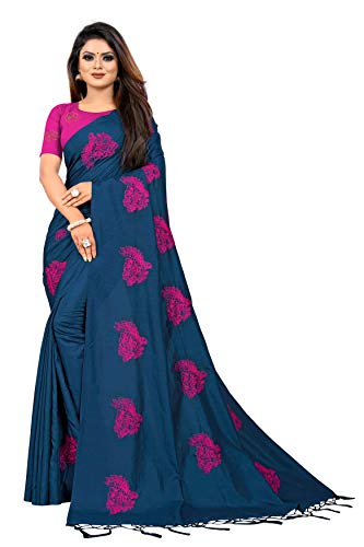 kfgroup Women's Sana Silk Embroidered Saree with Blouse Piece (Blue)