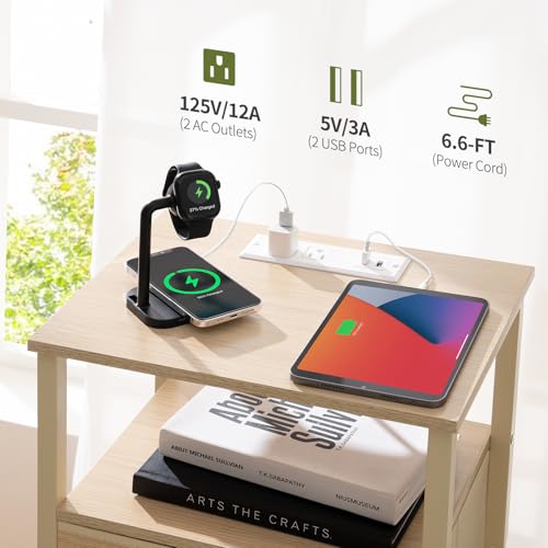Image of Yoobure Night Stand with Charging Station, LED Nightstand for Bedroom, Bedside Tables with Adjustable Fabric Drawer, 3-Tier End Table Living Room, Small Side Table with Storage, Natural Wood
