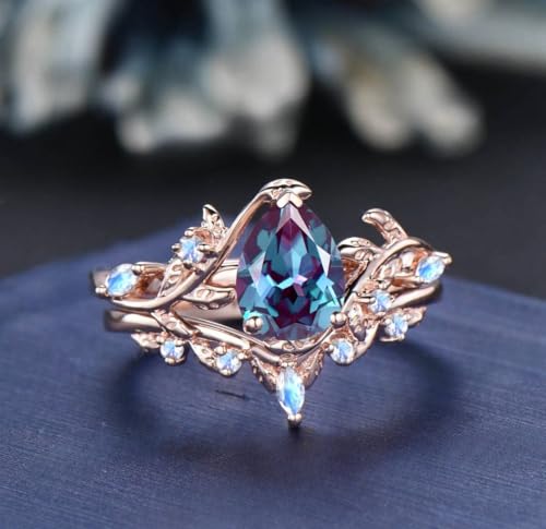 Vintage Pear Alexandrite Engagement Ring Set Bridal Set for Women Blue Moonstone Accents Anniversary Promise Ring Gift4