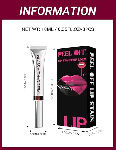 Erinde 3PCS Lip Stain Peel Off Set, Matt Peel Off Lipliner Set, Wasserfest Langanhaltend Abziehbarer Lip Tint, Flüssigkeit Lipliner Tattoo Hochpigmentierte - 3 * 10ml