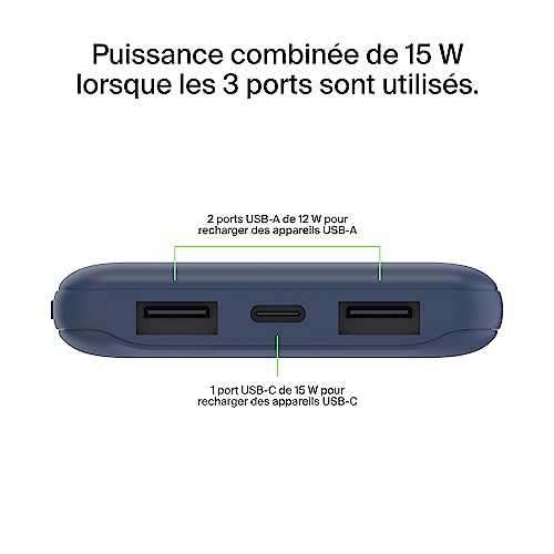 Belkin batería externa portátil de 10000mAh, cargador externo USB-C con 1 puerto USB-C y 2 puertos USB-A, power bank de 15 W, batería portátil para iPhone, Galaxy, Pixel, AirPods, iPad y otros - Bleu