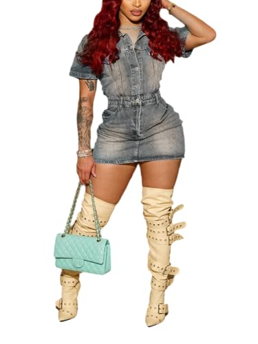 Image of Ryehack Women's Summer Casual Denim Dress Bodycon Short Sleeve Bodycon 1 /2 Button Sexy Mini Casual Jean Dress