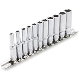 DAKCOS Lot de 11 douilles longues en 1/4 (6,35 mm) 4 13mm douille hexagonales 6 pans sur rail de métal, en CR V, 50 mm de long