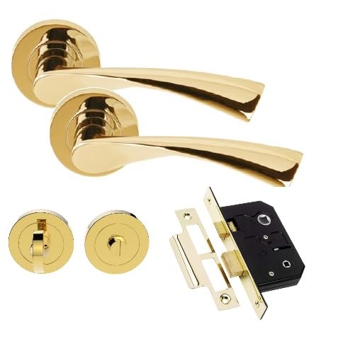 Golden Grace Astrid Design Modern Bathroom Door Handles On Round Rose in Polished Brass Finish with Thumbturn & 2.5" Bathroom Mortise Lock