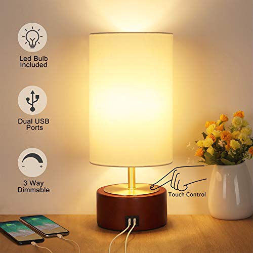USB Table Lamp, Boncoo Bedside Touch Control Lamp with 2 USB Charging Ports, Dimmable Minimalist Solid Wood Nightstand Lamp Round Fabric Shade for Bedroom Dresser Living Room, A19 6W LED Bulb Included
