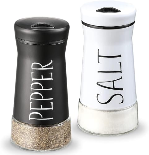 Image of Afrodite Salt and Pepper Shakers Set, Stainless Steel Salt and Pepper Sprinkler for Restaurant with Glass Bottom, Spice Dispenser Ideal for Himalayan, Kosher, Black and White Pepper (Black + White)