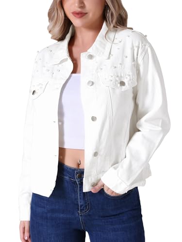 Women's Bride Jean Jacket Trendy Spring Long Sleeve Button Up Pearl Denim Jackets