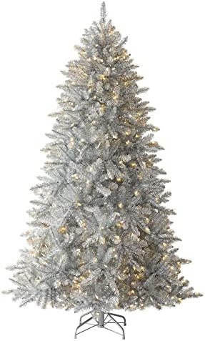 Treetopia Luxe Pure Platinum 6 Ft Artificial Prelit Full Bodied Tinsel Christmas Tree Holiday Decoration, White LED Lights, Premium Stand & Foot Pedal
