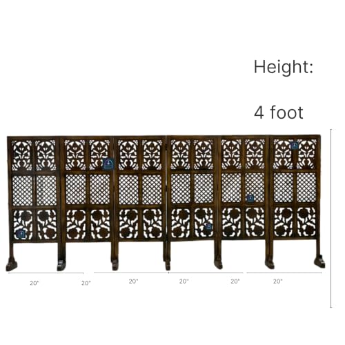 Image of Wooden Room Partition Screen with Burnt Wood Finish | Hand Buffed Traditional Handicraft Room Divider | Indoor Room Separator | Puja Room Divider (6 Panel 4 Feet with Stands)