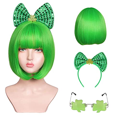 Honcloud Short Green Bob Wig with Bow Headband and Glasses f