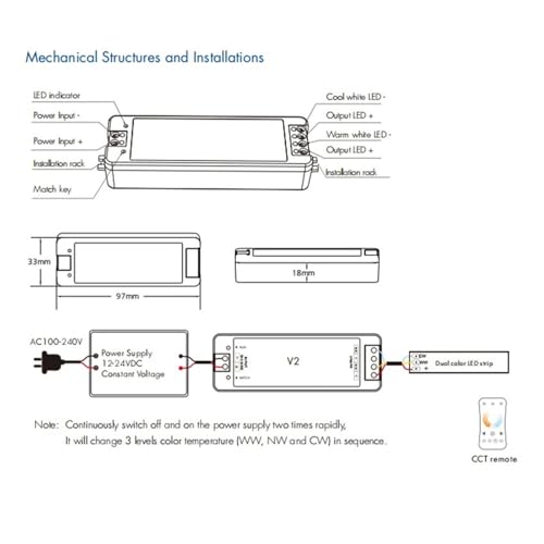 LED Dimmer V2 contrôleur bicolore CCT 2.4G télécommande RT2 DC12V-24V - 5