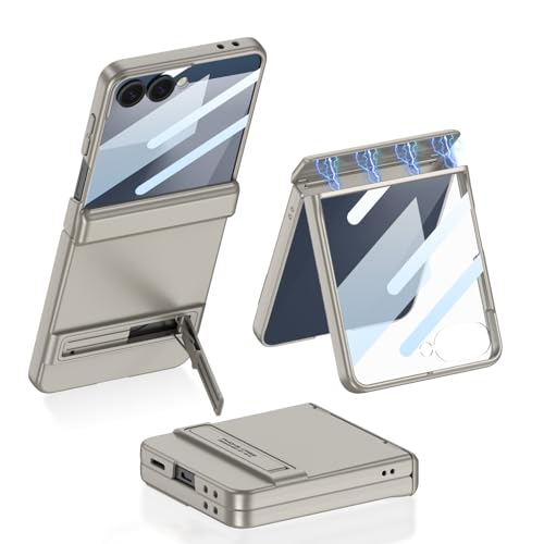 Image of Midkart Magnetic Cover Compatible with Samsung Galaxy Z Flip 7 Release 2025 Hinge Protection Kickstand Hard PC with Front Glass Cover 360-degree Protection, Beige