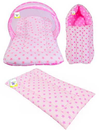 Image of Toddylon Baby Bed New Born Baby Bedding Set Combo | Carry Bag | Mattress | Mosquito Net | Carry Bag | Infants Gaddi Set (0-6 Months) Pink (3PCS Set)