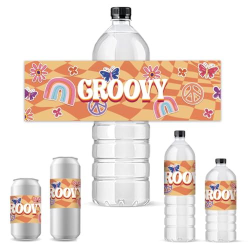 PH PandaHall 30pcs Groovy Water Bottle Labels, 70s Disco Bottle Stickers Decorative Bottle Wrappers Hippie Waterproof Bottle Wraps Self-Adhesive Water Bottle Label for Birthday Party Favors