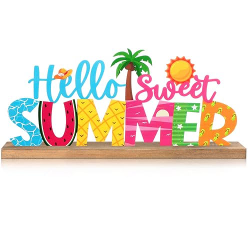 MiniInflat Hello Sweet Summer Metal Sign Rustic Table Decor Holiday Tiered Tray Decor with Wooden Base Freestanding Metal Word Sign for Home Tabletop Centerpiece Mantel Shelf Fireplace