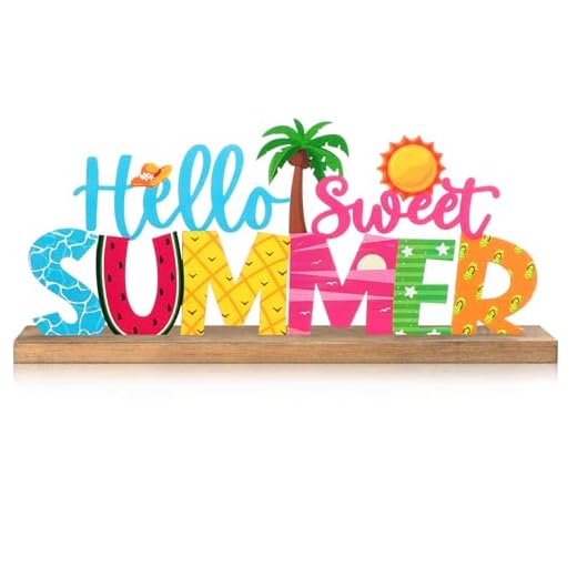 MiniInflat Hello Sweet Summer Metal Sign Rustic Table Decor Holiday Tiered Tray Decor with Wooden Base Freestanding Metal Word Sign for Home Tabletop Centerpiece Mantel Shelf Fireplace