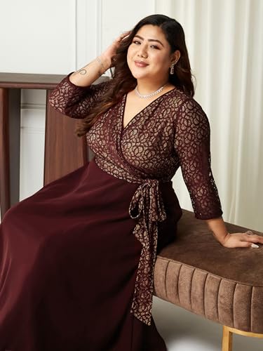 Image of Miss Chase A+ Women's Floral Printed Relaxed Fit V -Neck 3 /4Th Sleeve Georgette Maxi Dress