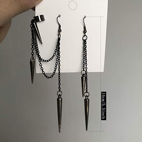 Damleng Lightweight Unique Black Punk Long Tassel Chain Ear Cuff Earrings 316L Stainless Steel Vintage Barrel Nails Crawler Climer Dangle Drop Earrings For Men Women Unisex (Black) #TOP1