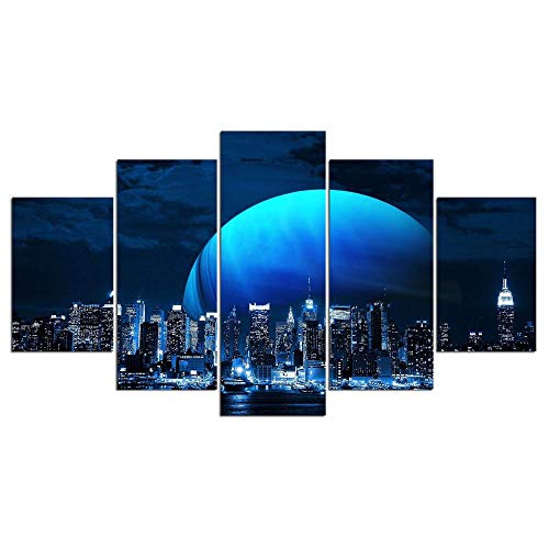 Impression sur toile 5 pièces décor paysage urbain et grand tableau mural bleu