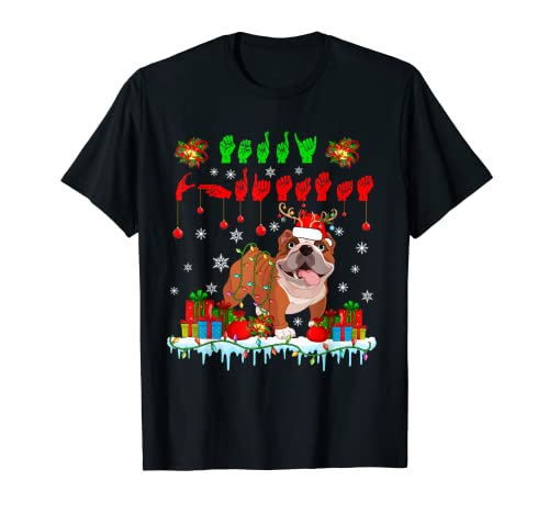 Merry Christmas Hands Sign Language Reindeer English Bulldog T-Shirt