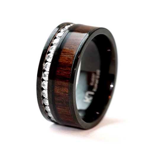 His & Hers Natural Koa Wood CZ 3 pcs Surgical Black Stainless Steel Engagement Wedding Rings set4