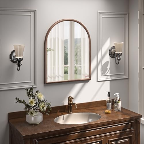 Image of 28 inchx32 inch Arch Wall Mirror for Wall, Wall Mounted Vanity Mirror for Bedroom, Wood Grain Finish Frame Mirror with Tempered Glass, Vintage Decorative for Bathroom, Entryway, Living Room, Walnut