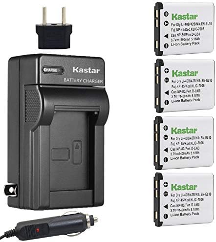 Kastar Battery (4-Pack) and Charger Kit for Fujifilm NP-45 NP-45A NP-45B NP-45S and Fujifilm FinePix XP20 XP22 XP30 XP50 XP60 XP70 XP80 XP90 T350 T360 T400 T500 T510 T550 T560 JX500 JX520 JX550 JZ310
