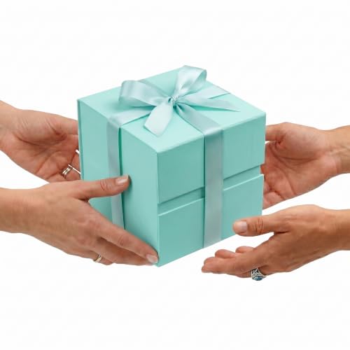 Image of LIFELUM Green Blue Gift Box for Presents 7 x 7 x 7 inch, 1 Pack Magnetic Gift Box with Lid, Ribbon, Greeting Card, Shredded Paper Filler for Birthday, Wedding, Party, Bridal Gifts