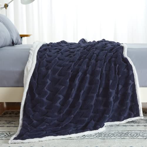 Faironly Sherpa Fleece Blanket Double-Sided Thick Throw Blanket Queen Size Soft Jacquard Fluffy Throw Blanket Reversible Cozy Warm Blanket For Couch Sofa, 60"X 80", Navy #TOP3
