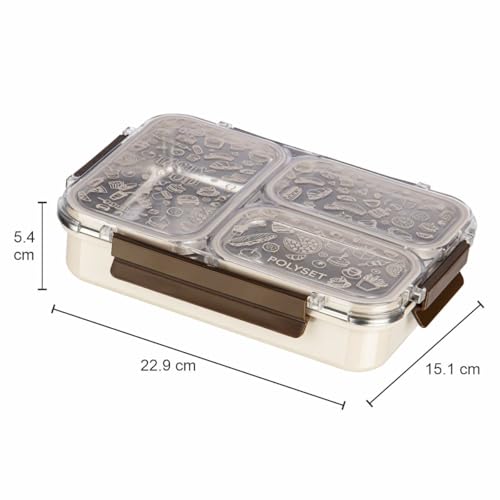 Image of Polyset Munch Mate 800 3 PARTITION - Beige Compartment Stainless Steel Lunch Box, Leakage Proof Lunch Box for School Kids and Adults Pack of 1 800ml