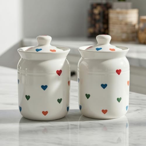 Image of Multi Heart Printed Ceramic Handglazed Pickle Jars Set of 2-1000 ML Each | 1 kg Achaar Martban Barni Jar with Lid | Ceramic Storage Jar Container Pickle, Chatney