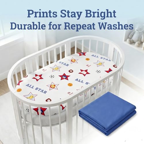 Image of 2-Pack Bassinet Sheets - 100% Cotton Percale Jungle Sports and Blue Bassinet Mattress Pad Fitted Sheet for Baby Boy; Compatible with Bassinet Bedside Co-Sleeper Lounger Brands; Oval Rectangle Mattress
