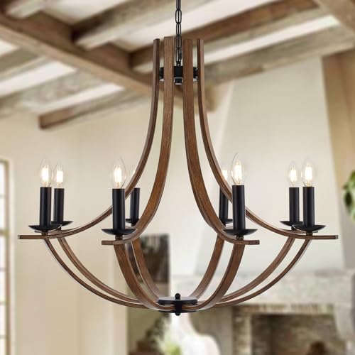 31.5" Large Wooden Chandelier 8-Lights Vintage Farmhouse Candle Style Chandeliers with Wood Finish Metal Industrial Retro Rustic Black Chandelier for Dining Room, Kitchen, Living Room, E12