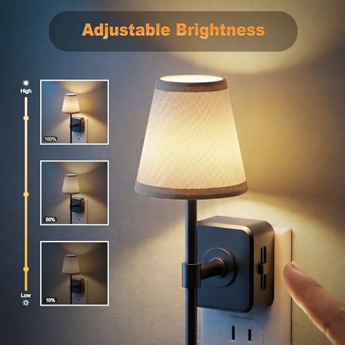 Image of JandCase Night Lights Plug into Wall, 2 Pack Vintage Nightlights, Dusk to Dawn Sensor, 0-100LM Dimmable, Pleated Fabric Beige Lamp for Living Room Bedroom Hallway