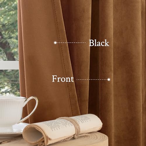 LAMIT 90 Inches Velvet Panels for Living Room, Bronze Brown Thermal Blackout Curtains Room Darkening Back Tab and Rod Pocket Panels for Mid Century Decor Bedroom, 2 Panels, 52 x 90 Inch