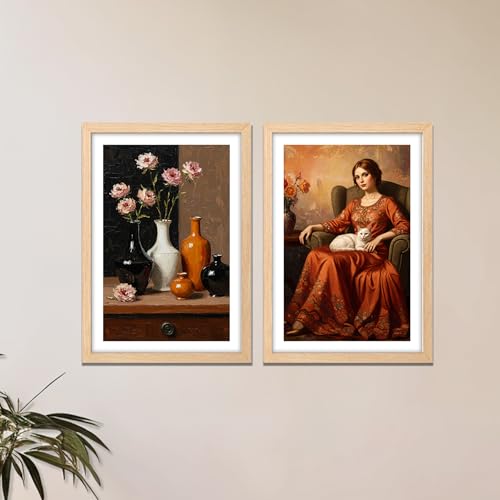 Image of NoWorries Modern art framed Wall paintings for home Decoration Living Room /Bedroom /Dining Room Decorative wall painting for Office hotel,cafe,room decor ''300 GSM Premium Poster Paper Print'' Cafeteria and Lounge - Synthetic Wooden Frames (pattern-illustration) (Set of 2, Framed Painting)(Frame Size-13x17inches) (BROWN, LARGE)