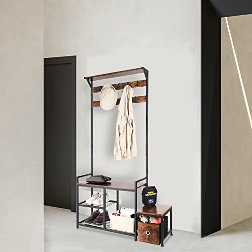 Homekoko Coat Rack Shoe Bench, Hall Tree Entryway With Sitting Bench, Wood Look Accent Furniture With Metal Frame, 4-In-1 Design (Rustic Brown) #TOP5