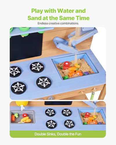 Image of VEVOR Mud Kitchen, Outdoor Mud Kitchen for Kids, Wood Outdoor Play Kitchens with Stoves, Hooks, Double Sinks, Planting Shovels, Spatulas, Cookware Pots and Accessories, Play with Water and Sand