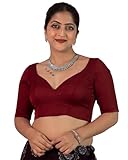 FIGURE'S DESIGNER Women's Dupion Raw Silk Half Elbow Sleeves Sweetheart V Neck Sabyasachi Cut Readymade Saree Blouse Padded Stitched Lining Designer Indian Festive Blouse S10 (Maroon, 46)