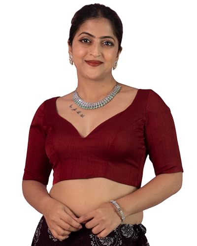 Image of FIGURE'S DESIGNER Women's Dupion Raw Silk Half Elbow Sleeves Sweetheart V Neck Sabyasachi Cut Readymade Saree Blouse S10