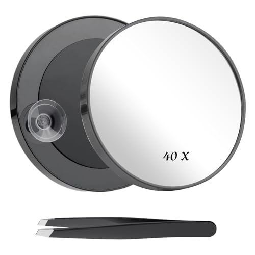 teasteam 40x Magnifying Mirror Compact Magnifying Mirror 8.8cm with Suction Cups and Tweezers Portable Strong Magnification for Travel Bathroom Table Precise Makeup and Eyebrow Plucking Shaving